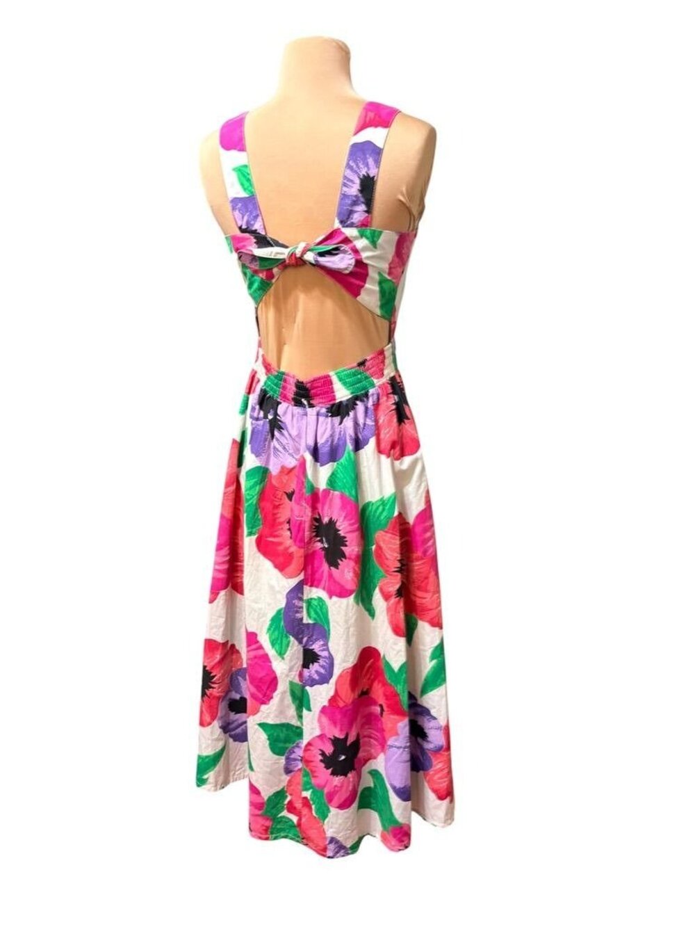 Vintage Floral Midi Dress S Open Back Bow A Line Pansy Party Feminine EUC 80s